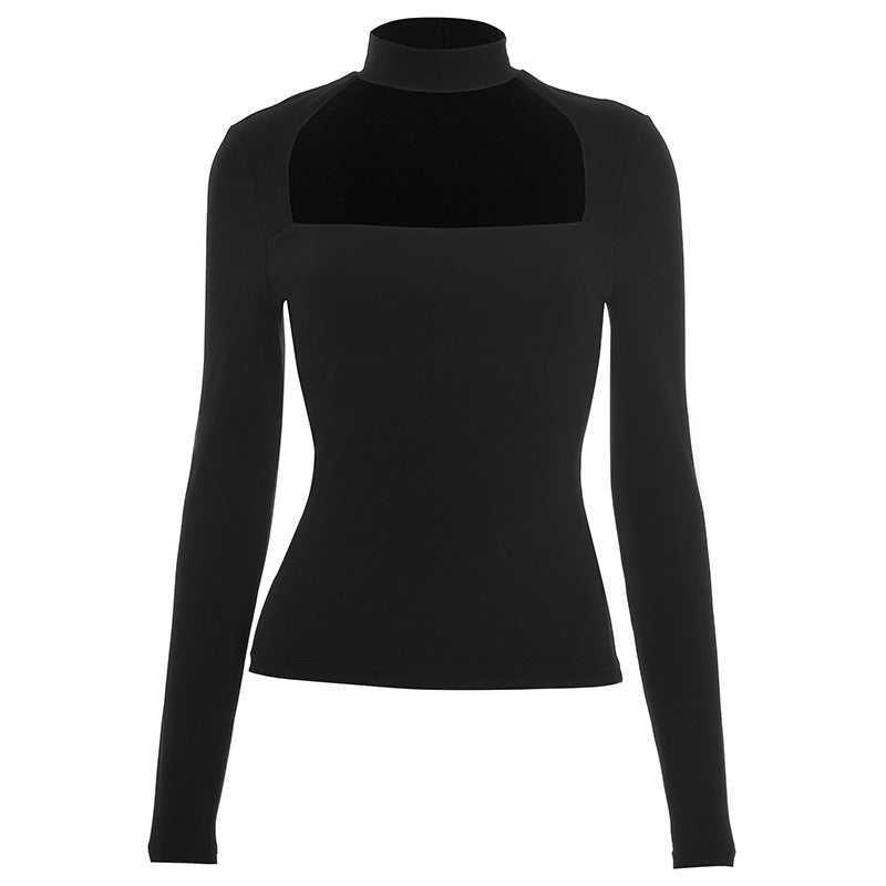 Sleek Black Mock Neck Cutout Long Sleeve Top | Fall & Holiday Chic