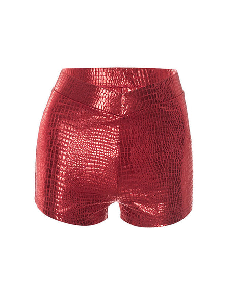 Own the Night: Fierce Red Metallic Croc Print High-Waisted Shorts - Ultimate Holiday Party & NYE Glam
