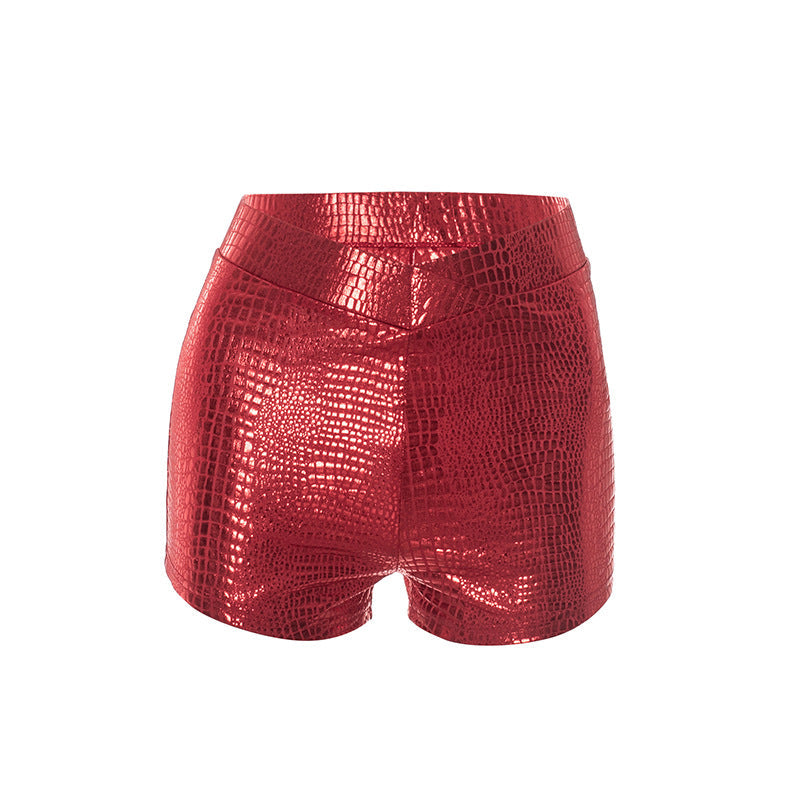 Own the Night: Fierce Red Metallic Croc Print High-Waisted Shorts - Ultimate Holiday Party & NYE Glam