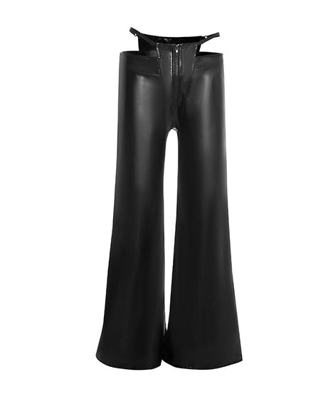 Slay the Season: Women's Faux Leather Chaps-Style Wide Leg Pants - Edgy Cutout Waist & Zip Front for Holiday Parties & NYE