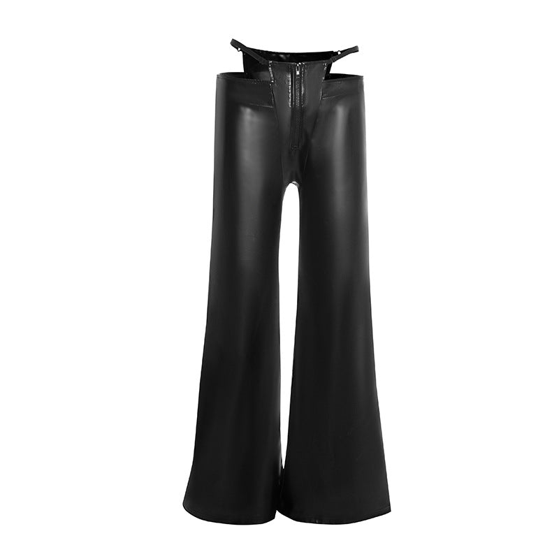 Slay the Season: Women's Faux Leather Chaps-Style Wide Leg Pants - Edgy Cutout Waist & Zip Front for Holiday Parties & NYE