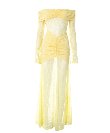 Golden Hour Glam: Flattering Ruched Off-Shoulder Lace Maxi Dress for Holiday Events