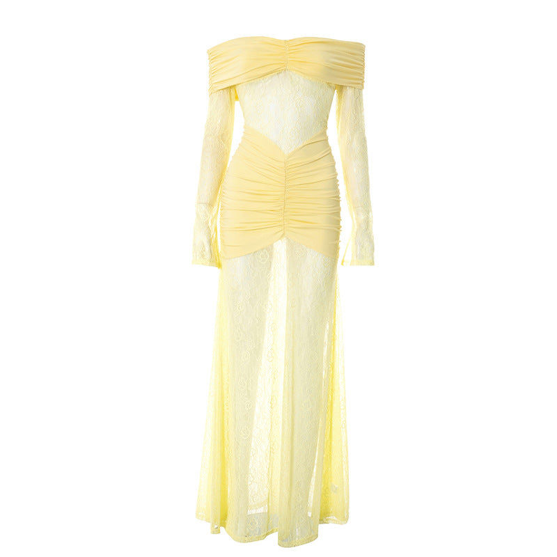 Golden Hour Glam: Flattering Ruched Off-Shoulder Lace Maxi Dress for Holiday Events