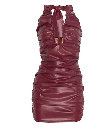 Sultry Wine Red Faux Leather Ruched Halter Mini Dress - Holiday Party & NYE Ready