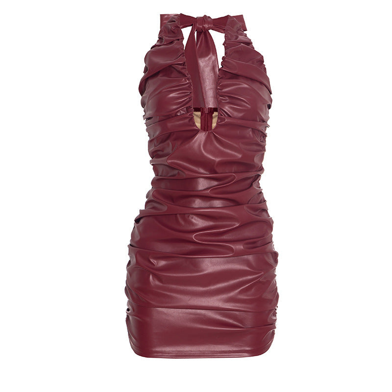 Sultry Wine Red Faux Leather Ruched Halter Mini Dress - Holiday Party & NYE Ready