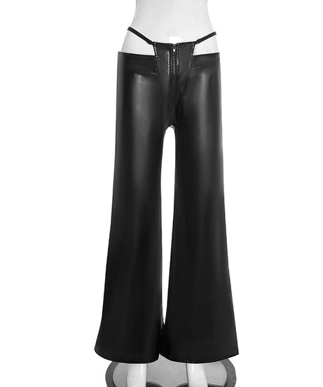 Slay the Season: Women's Faux Leather Chaps-Style Wide Leg Pants - Edgy Cutout Waist & Zip Front for Holiday Parties & NYE