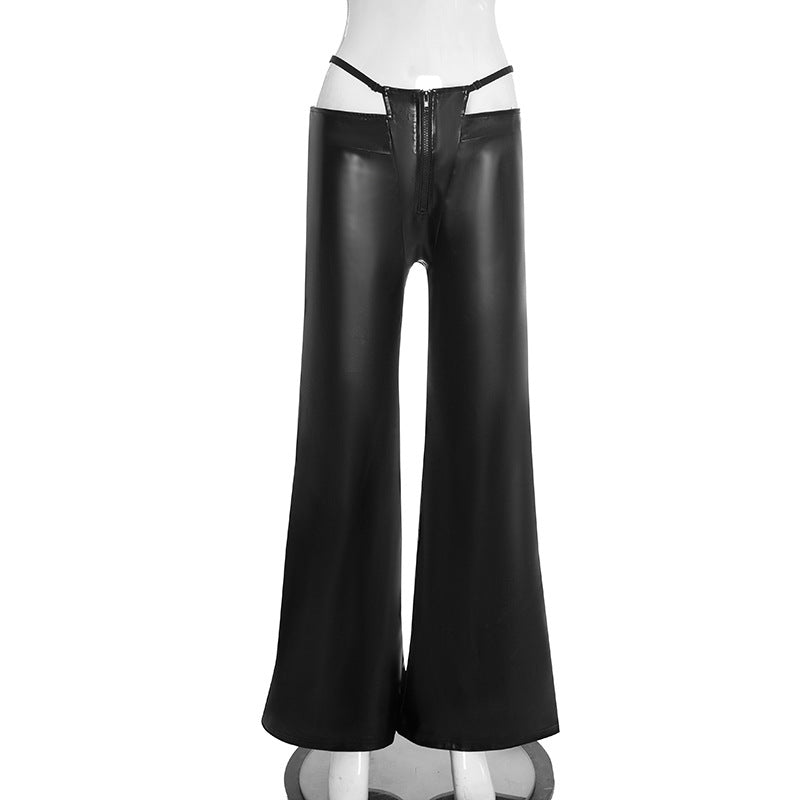 Slay the Season: Women's Faux Leather Chaps-Style Wide Leg Pants - Edgy Cutout Waist & Zip Front for Holiday Parties & NYE