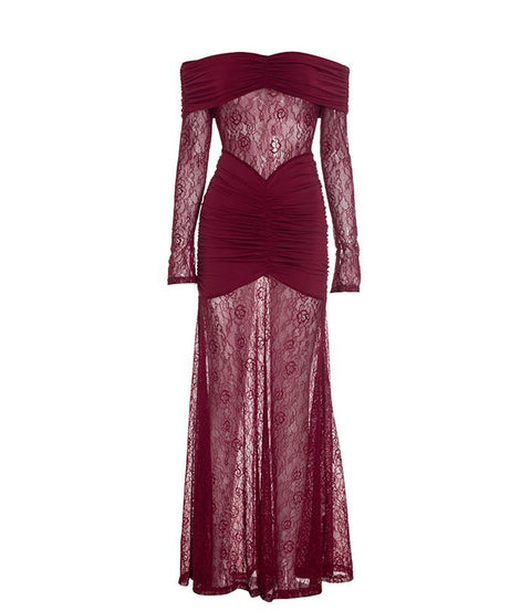 Golden Hour Glam: Flattering Ruched Off-Shoulder Lace Maxi Dress for Holiday Events