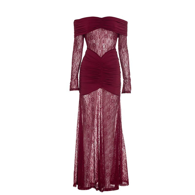 Golden Hour Glam: Flattering Ruched Off-Shoulder Lace Maxi Dress for Holiday Events