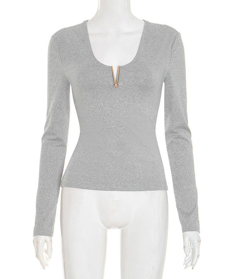 Chic V-Neck Long Sleeve Top with Luxe Metallic Accent | Your Cozy Fall & Holiday Season Essential