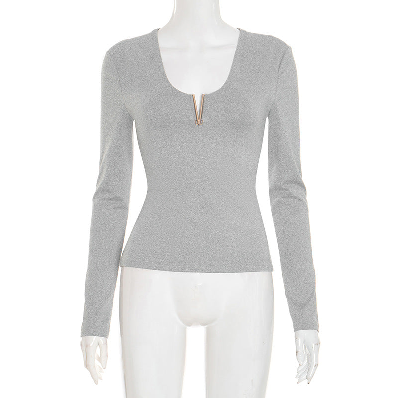 Chic V-Neck Long Sleeve Top with Luxe Metallic Accent | Your Cozy Fall & Holiday Season Essential