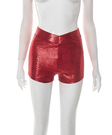 Own the Night: Fierce Red Metallic Croc Print High-Waisted Shorts - Ultimate Holiday Party & NYE Glam