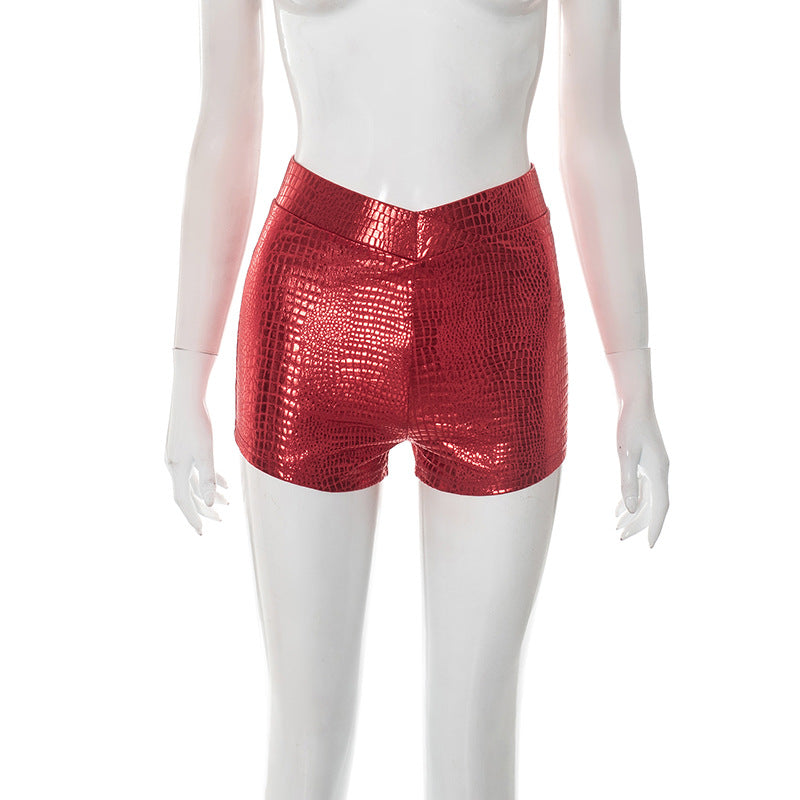 Own the Night: Fierce Red Metallic Croc Print High-Waisted Shorts - Ultimate Holiday Party & NYE Glam