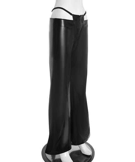 Slay the Season: Women's Faux Leather Chaps-Style Wide Leg Pants - Edgy Cutout Waist & Zip Front for Holiday Parties & NYE