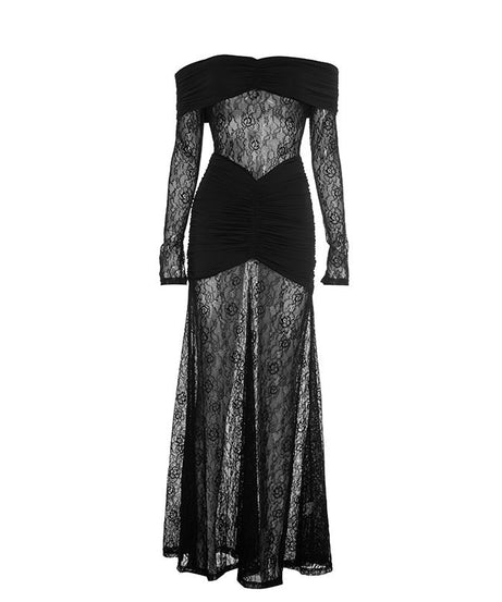 Golden Hour Glam: Flattering Ruched Off-Shoulder Lace Maxi Dress for Holiday Events