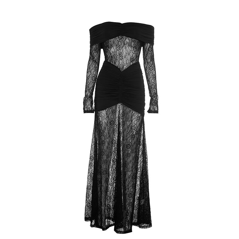 Golden Hour Glam: Flattering Ruched Off-Shoulder Lace Maxi Dress for Holiday Events