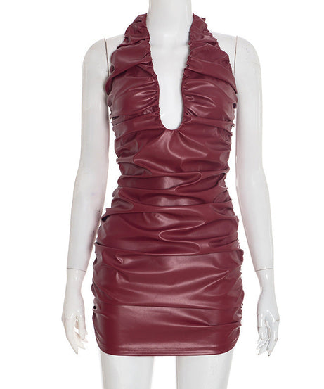 Sultry Wine Red Faux Leather Ruched Halter Mini Dress - Holiday Party & NYE Ready