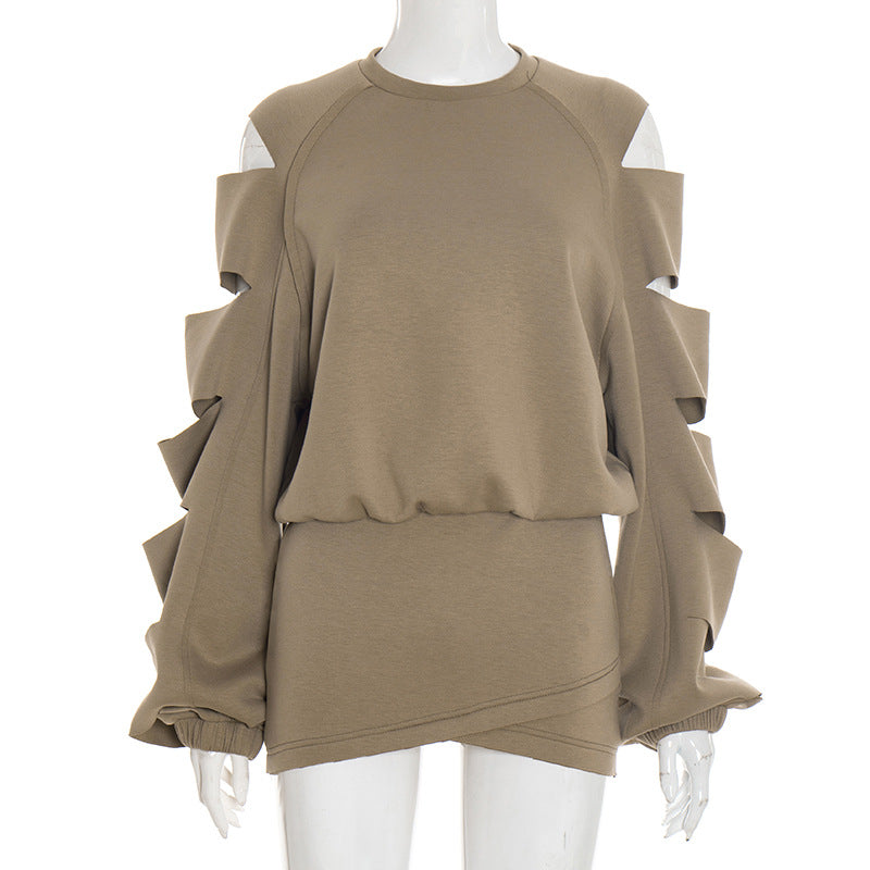 Chic Cut-Out Statement Sleeve Top & Mini Skirt Set - Effortless Fall/Winter Style