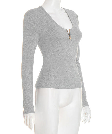 Chic V-Neck Long Sleeve Top with Luxe Metallic Accent | Your Cozy Fall & Holiday Season Essential