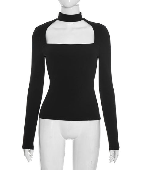 Sleek Black Mock Neck Cutout Long Sleeve Top | Fall & Holiday Chic