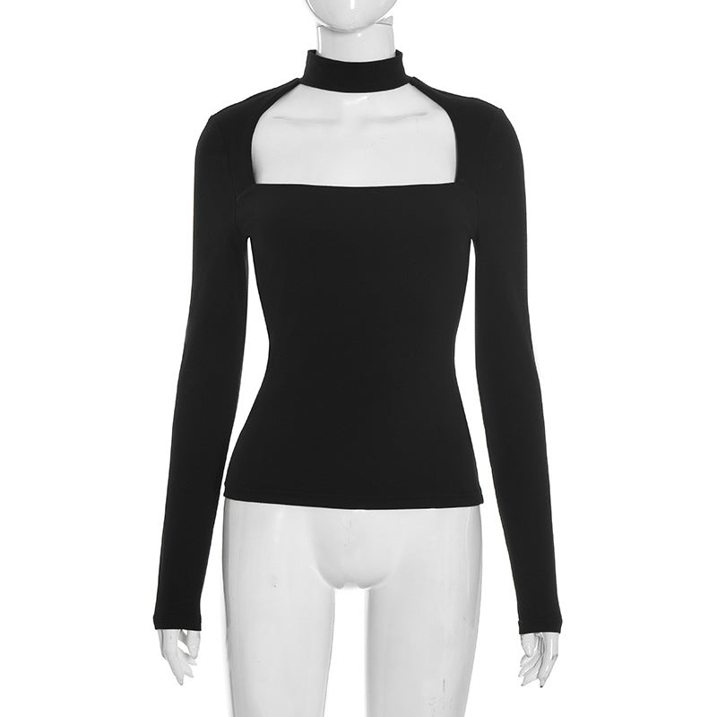 Sleek Black Mock Neck Cutout Long Sleeve Top | Fall & Holiday Chic