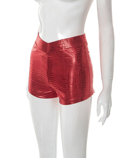 Own the Night: Fierce Red Metallic Croc Print High-Waisted Shorts - Ultimate Holiday Party & NYE Glam