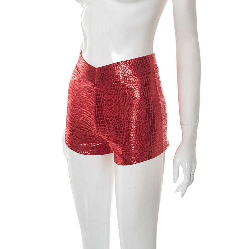 Own the Night: Fierce Red Metallic Croc Print High-Waisted Shorts - Ultimate Holiday Party & NYE Glam
