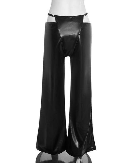 Slay the Season: Women's Faux Leather Chaps-Style Wide Leg Pants - Edgy Cutout Waist & Zip Front for Holiday Parties & NYE