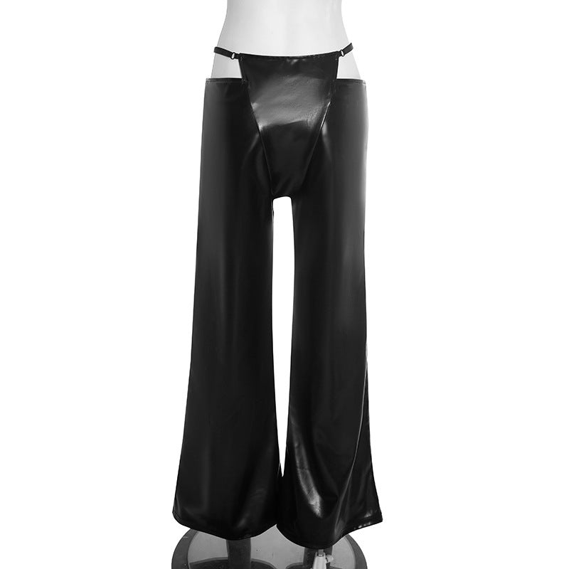 Slay the Season: Women's Faux Leather Chaps-Style Wide Leg Pants - Edgy Cutout Waist & Zip Front for Holiday Parties & NYE