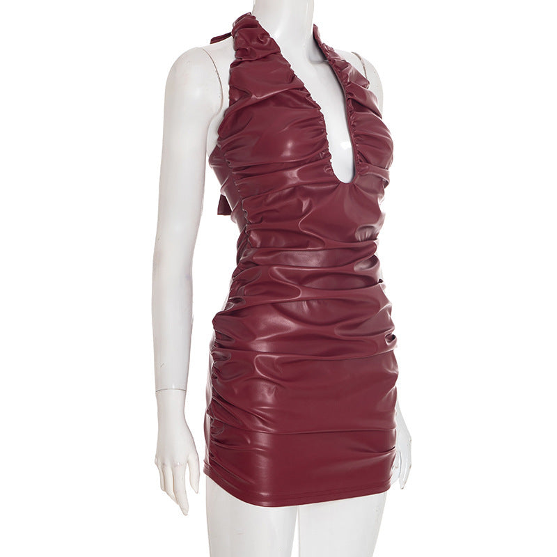 Sultry Wine Red Faux Leather Ruched Halter Mini Dress - Holiday Party & NYE Ready