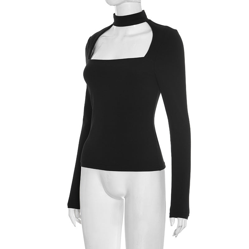 Sleek Black Mock Neck Cutout Long Sleeve Top | Fall & Holiday Chic