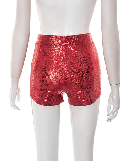 Own the Night: Fierce Red Metallic Croc Print High-Waisted Shorts - Ultimate Holiday Party & NYE Glam