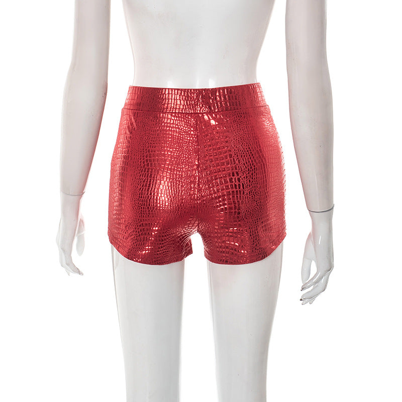 Own the Night: Fierce Red Metallic Croc Print High-Waisted Shorts - Ultimate Holiday Party & NYE Glam
