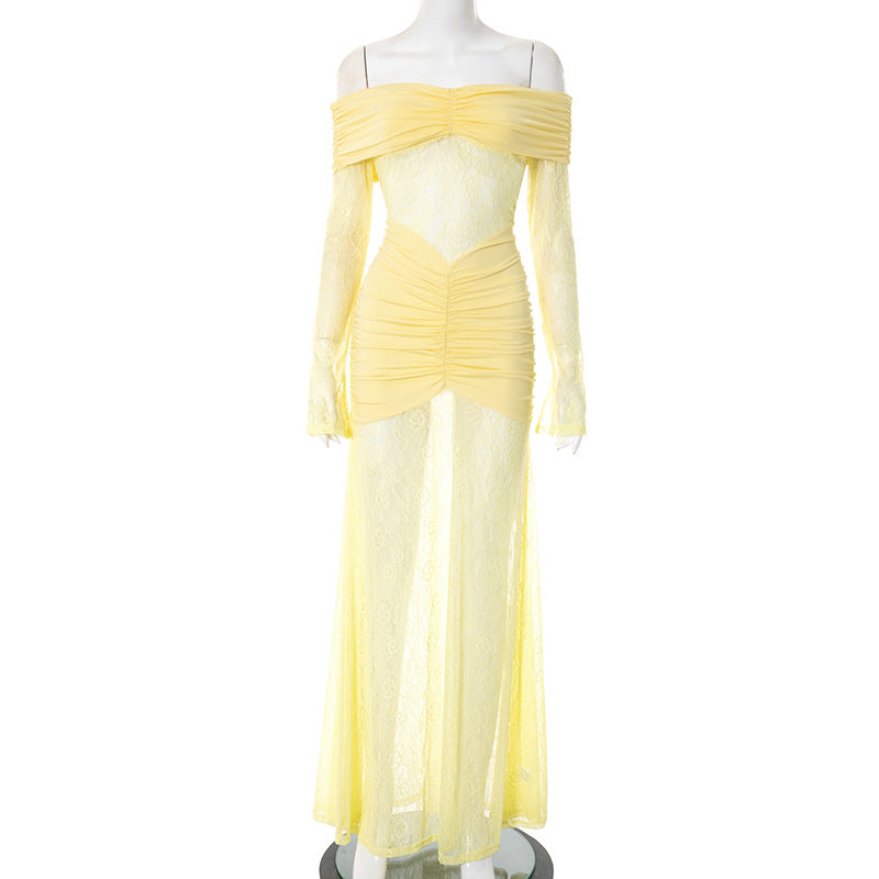 Golden Hour Glam: Flattering Ruched Off-Shoulder Lace Maxi Dress for Holiday Events