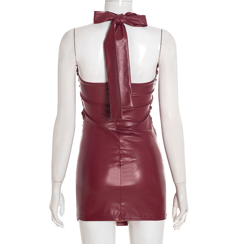 Sultry Wine Red Faux Leather Ruched Halter Mini Dress - Holiday Party & NYE Ready