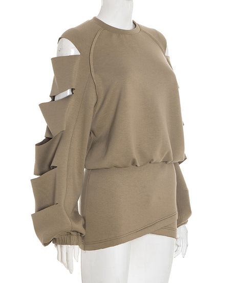 Chic Cut-Out Statement Sleeve Top & Mini Skirt Set - Effortless Fall/Winter Style