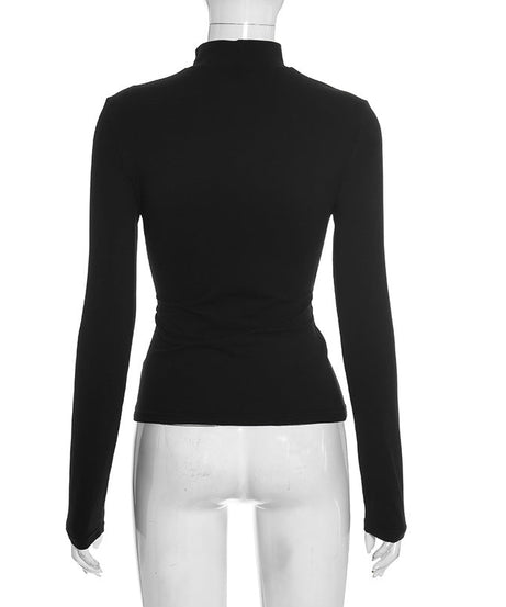 Sleek Black Mock Neck Cutout Long Sleeve Top | Fall & Holiday Chic