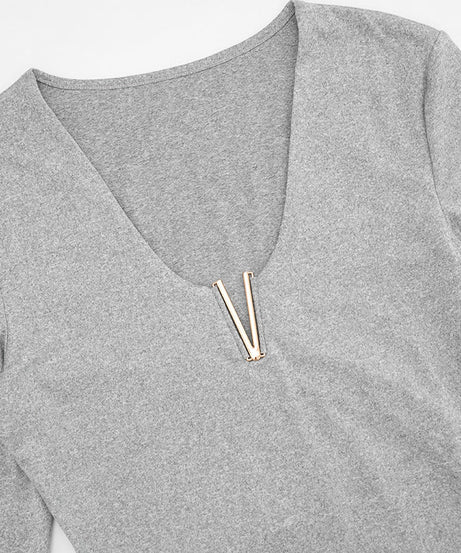 Chic V-Neck Long Sleeve Top with Luxe Metallic Accent | Your Cozy Fall & Holiday Season Essential