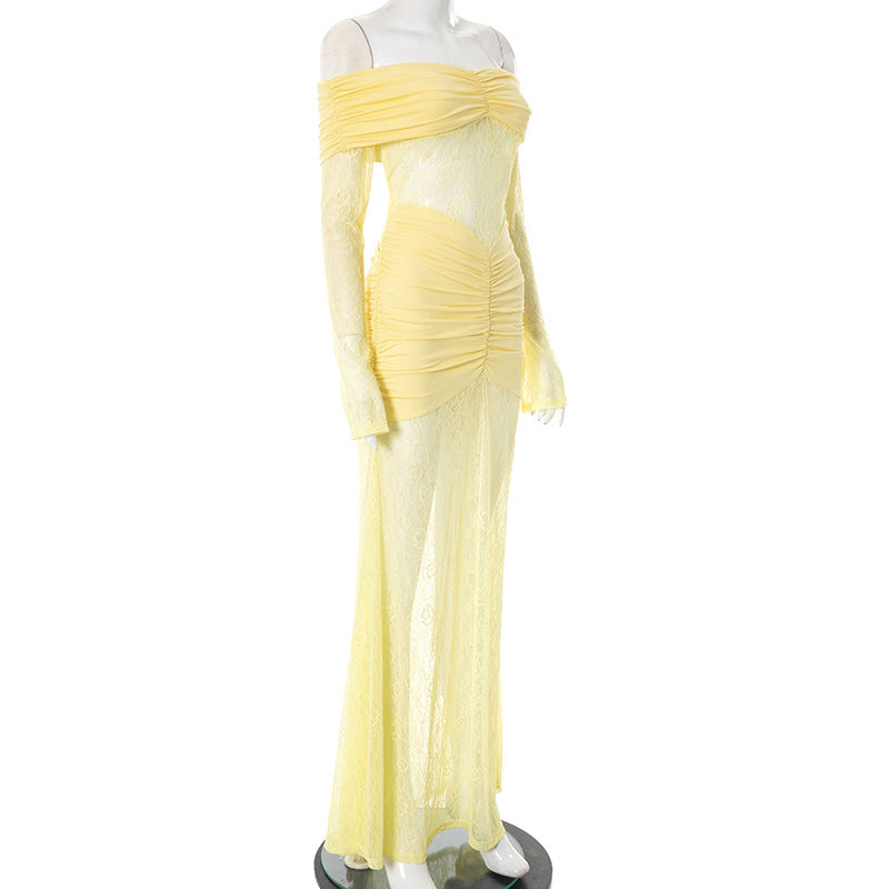 Golden Hour Glam: Flattering Ruched Off-Shoulder Lace Maxi Dress for Holiday Events