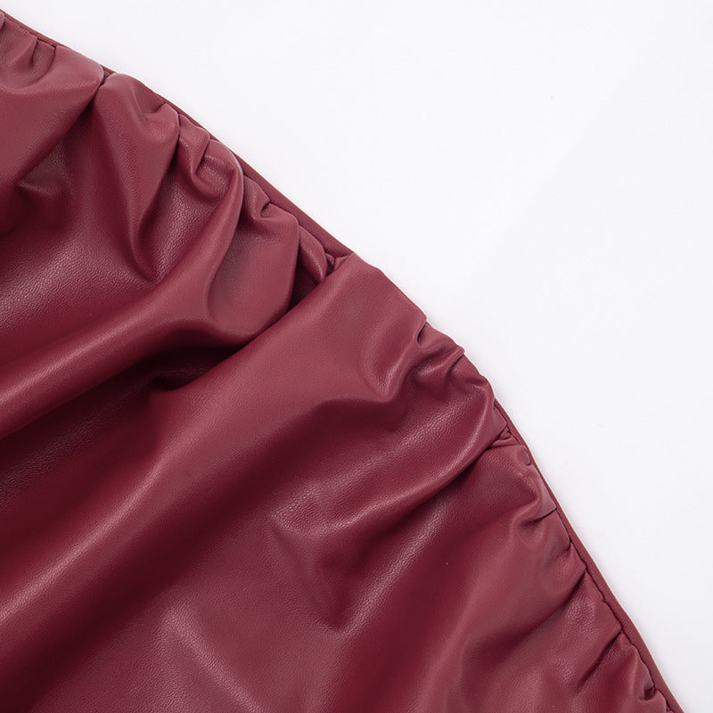 Sultry Wine Red Faux Leather Ruched Halter Mini Dress - Holiday Party & NYE Ready