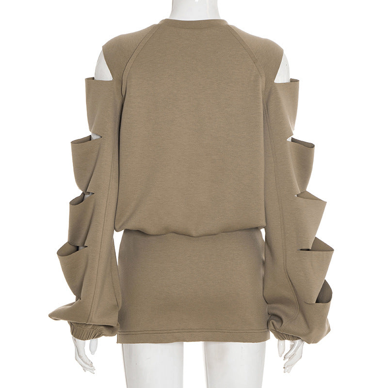 Chic Cut-Out Statement Sleeve Top & Mini Skirt Set - Effortless Fall/Winter Style