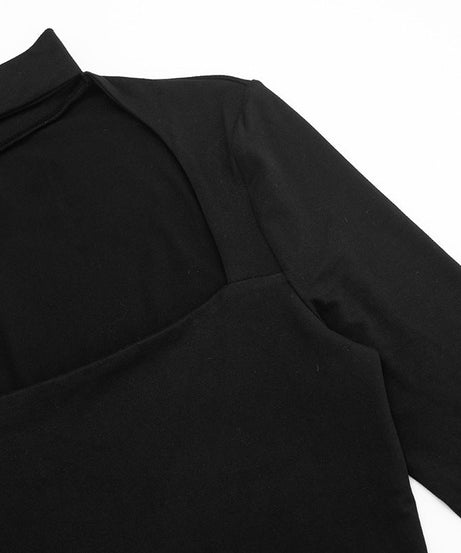 Sleek Black Mock Neck Cutout Long Sleeve Top | Fall & Holiday Chic