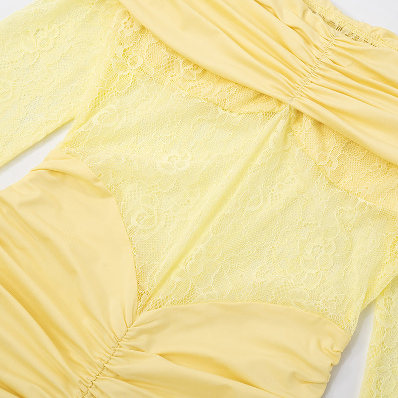 Golden Hour Glam: Flattering Ruched Off-Shoulder Lace Maxi Dress for Holiday Events