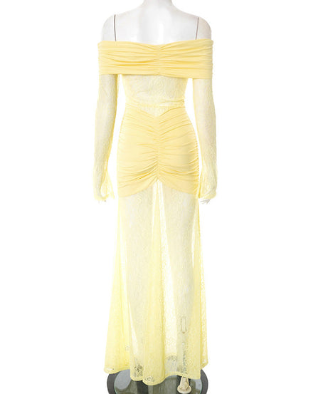 Golden Hour Glam: Flattering Ruched Off-Shoulder Lace Maxi Dress for Holiday Events