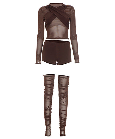 Daring Chocolate Mesh Criss-Cross Crop Top, Shorts & Ruched Thigh-High Set | Holiday Party Ready