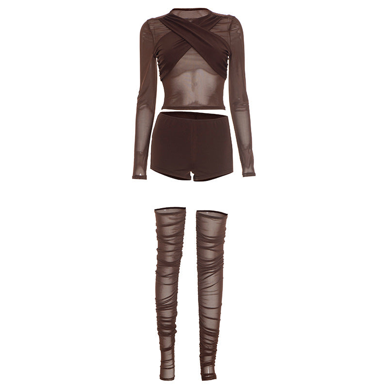 Daring Chocolate Mesh Criss-Cross Crop Top, Shorts & Ruched Thigh-High Set | Holiday Party Ready