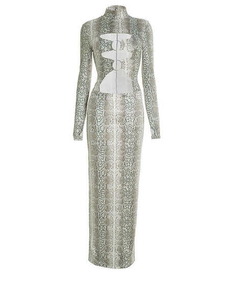 Slinky Snakeskin Cutout Maxi Dress - Daring Long Sleeve Holiday & NYE Glam
