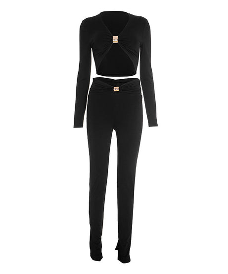 Glam & Go: Effortless Gold Buckle Crop Top & Slit Hem Pant Set - Fall & Holiday Ready