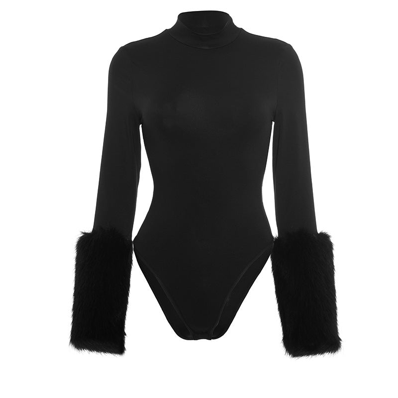 Chic Black Faux Fur Cuff Turtleneck Bodysuit | Holiday & Winter Luxe