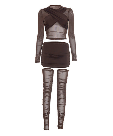 Sultry Espresso Mesh Ruched 3-Piece Set: Crop Top, Mini Skirt & Thigh-Highs | Ultimate Holiday & NYE Night Out Look